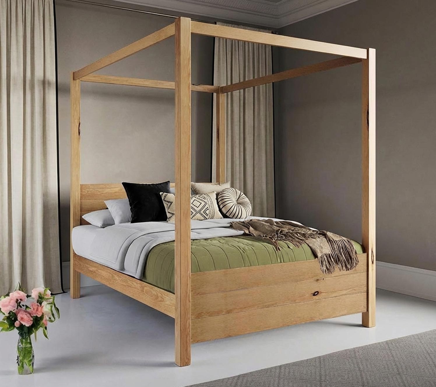 Add soft furnishings to cream and black bedroom decorating ideas